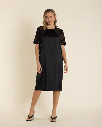 Satin Dress Lace Sleeve Black