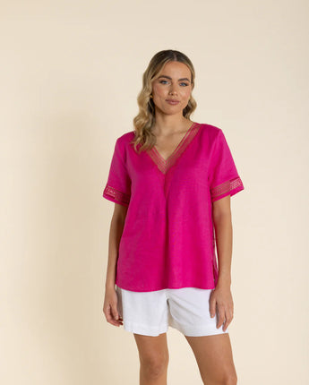 Lace Trim V Neck Top Raspberry