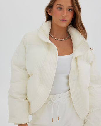 Curved Front Puffer Jacket Ivory