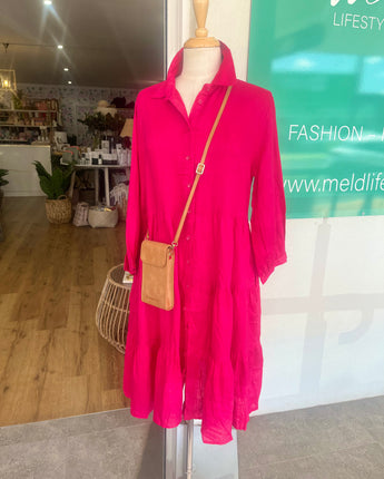 Esme Linen Tiered Dress Fuschia