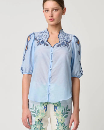 Martinique Embroidered Top Sky