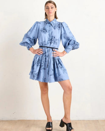 Pointed Collar Mini Dress Peonies Blue